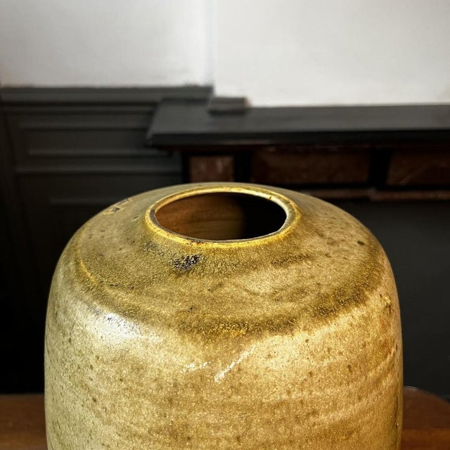 Modernist Large-Fired Salt Stoneware Yellow Vase without Neck from Bouffioulx, 1950s For Sale - Image 5 of 14