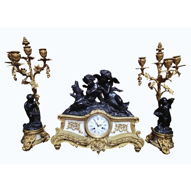 Antique French Denière Bronze & Marble Clock Garniture Set - Cherubs, 3-Piece, 19th Century For Sale - Image 10 of 18