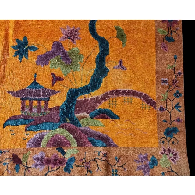 1920s 1920s Orange Scene Floral Antique Chinese Art Deco Rug 6'0" X 8'8" Knotted Wool Carpet For Sale - Image 5 of 9