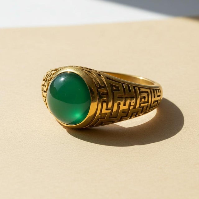 Men’s Green Onyx Ring With Arabic Calligraphy Design, Size 7.5 For Sale - Image 4 of 7