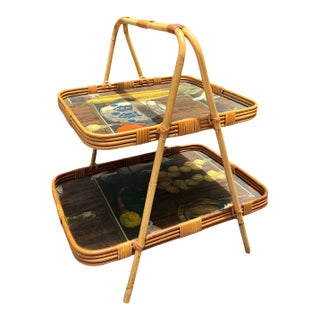 Vintage Rattan Two-Tiered Tray Stand For Sale