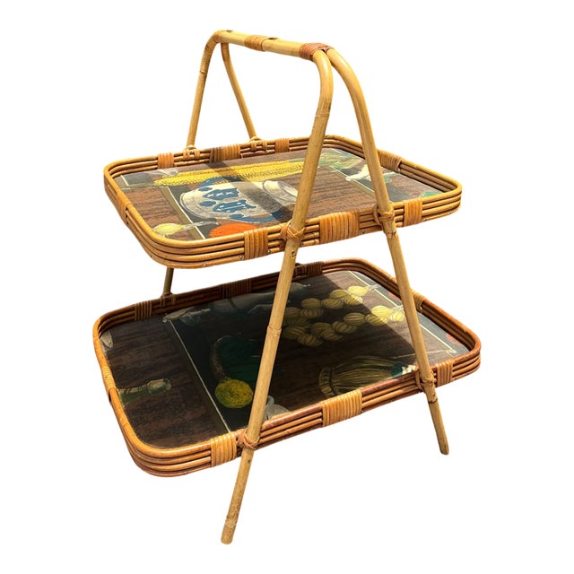 Vintage Rattan Two-Tiered Tray Stand For Sale