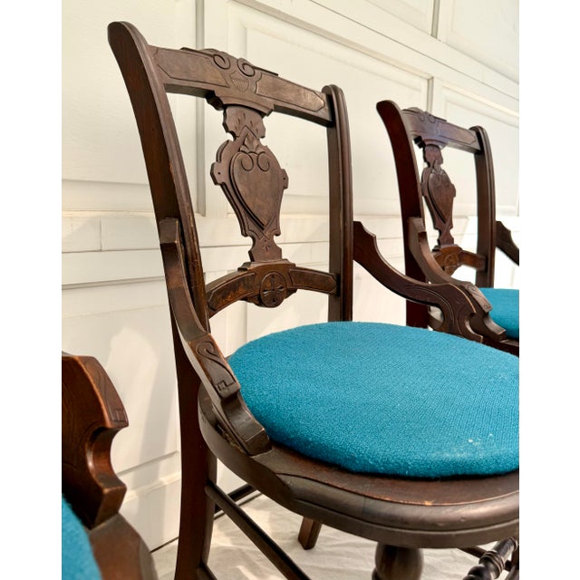 Set of 6 Antique Victorian Eastlake Walnut Dining Chairs With Burled Shield Backs For Sale - Image 10 of 15