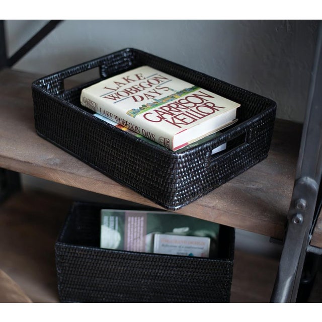 Coffee Artifacts Rattan Rectangular Storage Basket with Rounded Corners in Tudor Black - 14" For Sale - Image 8 of 10