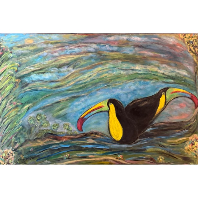 Large Vibrant Tropical Toucan Painting, Signed Mampel For Sale - Image 9 of 10