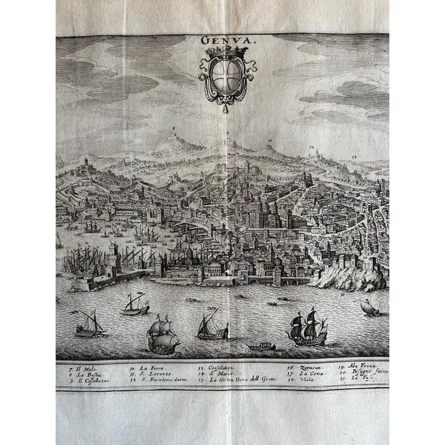 Paper Birds-Eye View of Genoa Engraving by Matthäus Merian the Elder, 1650 For Sale - Image 7 of 12