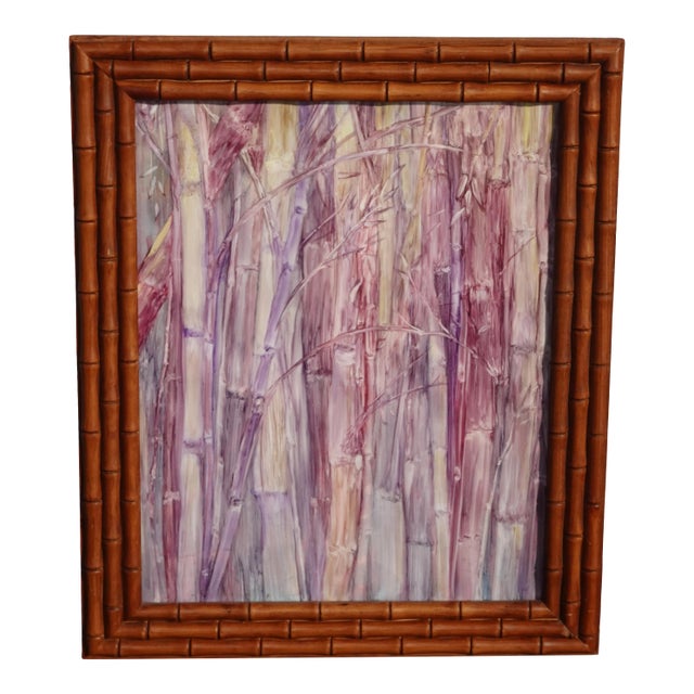 Vintage Bamboo Frame Abstract Watercolor Picture by Susan Wood For Sale