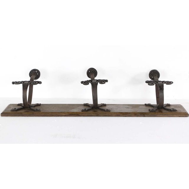 Mid 20th Century European 3-Curled Wrought Iron Hooks Wood Mount Wall Rack For Sale - Image 9 of 10