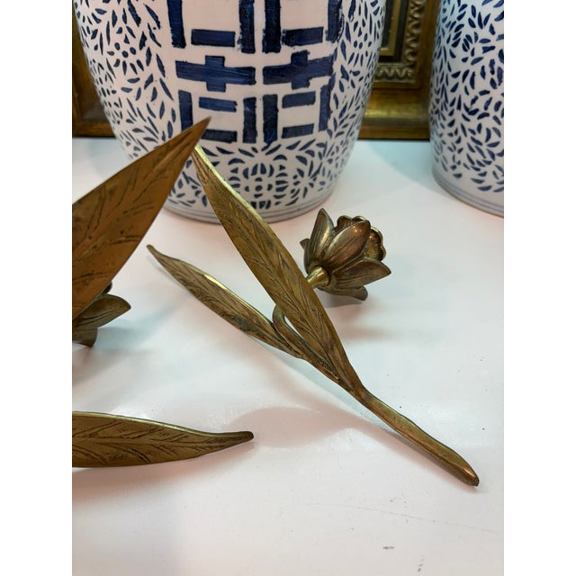 Vintage Brass Lotus Flower Candle Holders Tablescape With Leaf Bases - A Pair For Sale - Image 12 of 12