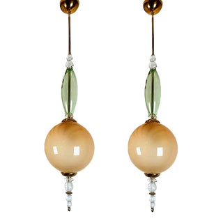 Mid Century Modern Beige & Green Murano Glass Pendant Chandeliers Cenedese Style Italy - Set of 2 For Sale