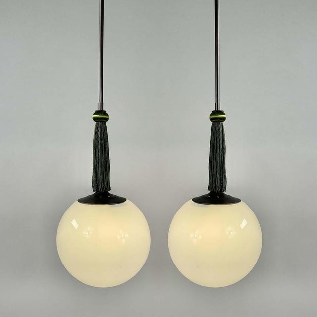 Opaline Glass and Burnished Brass Ball Pendants with Tassels, Germany, 1930s, Set of 2 For Sale - Image 3 of 17