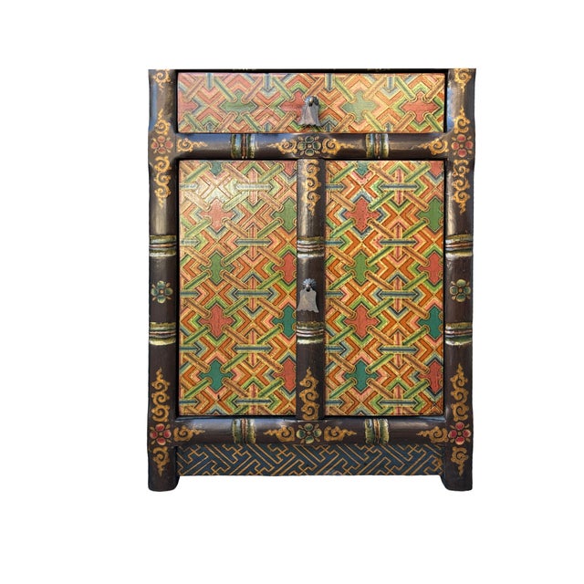 Wood Tibetan Style Geometric Graphic Brown Golden Yellow End Table Nightstand For Sale - Image 7 of 10