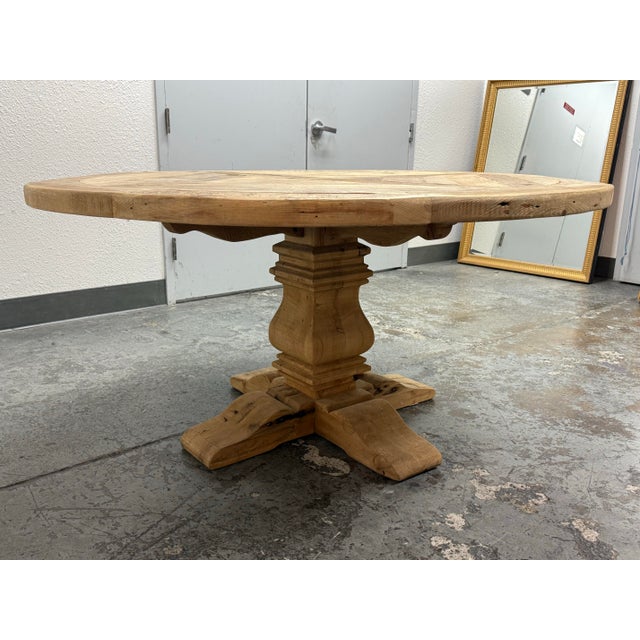 2010s Timothy Oulton for Restoration Hardware Salvaged Wood Trestle Round Dining Table, Diam. 60.5 Inches For Sale - Image 5 of 12