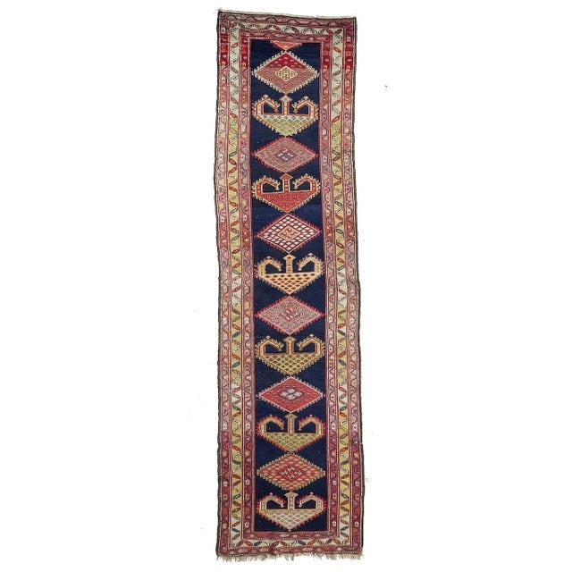 1940s Tribal Indigo, Teal, Plum & Pistachio Green Geometric Design Rug, 3.9 x 14.2 For Sale - Image 11 of 11