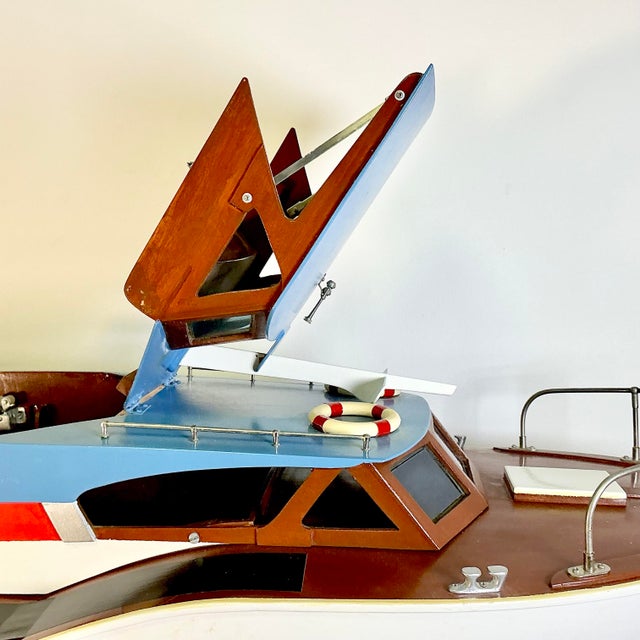 1950s Vintage Nautical Coastal Arts & Crafts Hand Made Boat Model With Case, Propeller Powered For Sale - Image 9 of 18