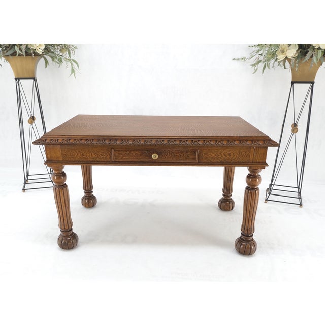 Heavy Fluted Carved Oak Legs 1 Drawer Arts & Crafts Desk Writing Table Clean! For Sale - Image 6 of 17