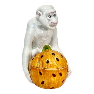 1940s Vintage Majolica Chinoiserie Hollywood Regency Figural Monkey Holding Pumpkin Gourd For Sale