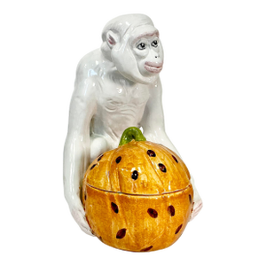 1940s Vintage Majolica Chinoiserie Hollywood Regency Figural Monkey Holding Pumpkin Gourd