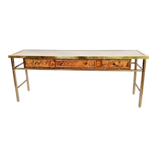 Mastercraft Burl Wood & Brass Console Table For Sale