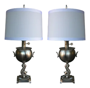 American Art Deco Brushed-Nickel Plated Lamps - a Pair