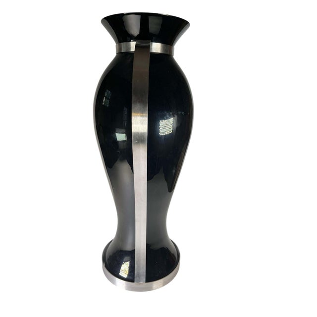 Contemporary Contemporary Black Glass Vases With Stainless Steel - A Pair For Sale - Image 3 of 8