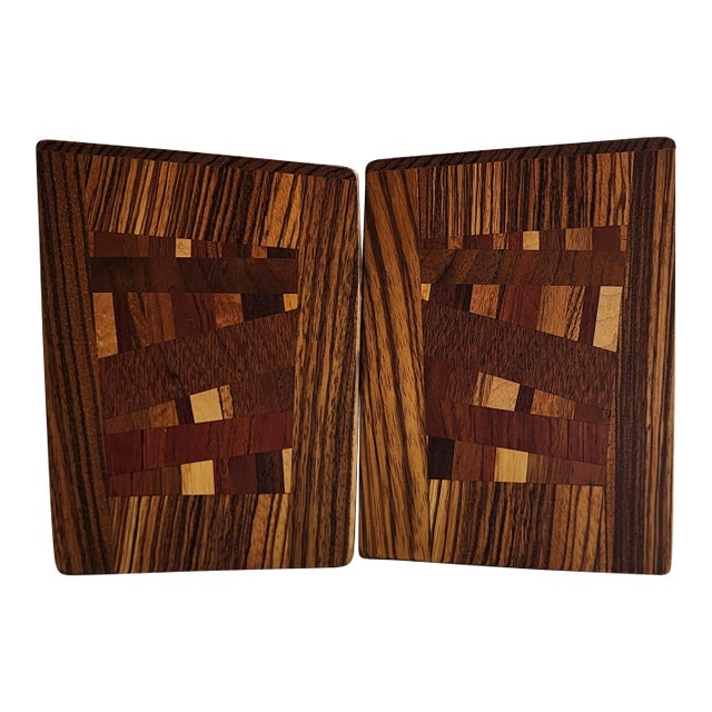 Vintage 80's Inlaid Wood Mosaic Bookends by Wildwood, Set of Two For Sale