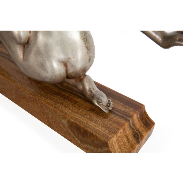 French Art Deco Silvered Bronze Sculpture “Woman W/ Bird” by Armand Godard For Sale - Image 12 of 13