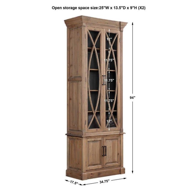 Handcrafted from recycled fir wood in a weathered oak stain, with dramatic decorative glass door fronts and carved...