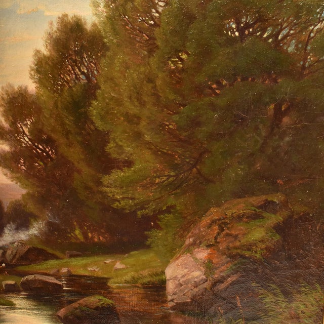 Leberecht Lortet, Mountain Landscape with Washerwomen and River, 1800s, Oil on Canvas For Sale - Image 6 of 10