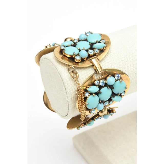 Vintage Elsa Schiaparelli Faux Turquoise, Gold Metal and Rhinestone Cluster Bracelet, 1950's For Sale In Miami - Image 6 of 10