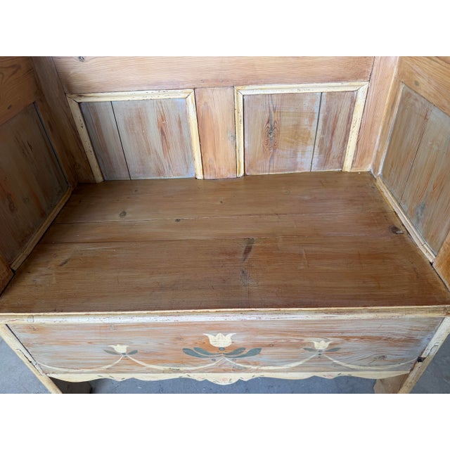 Antique Hand-Painted Folk Art Wooden Settle Bench With Floral Motifs For Sale - Image 4 of 12