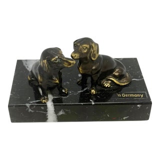 Vintage German Brass Dachshunds on Marble Base Paperweight — Midcentury Desk Accessory For Sale