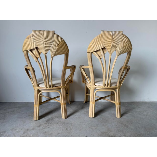 Vintage Boho Chic Coastal Rattan & Leather-Wrapped Dining Chairs – Set of 4 For Sale - Image 4 of 12