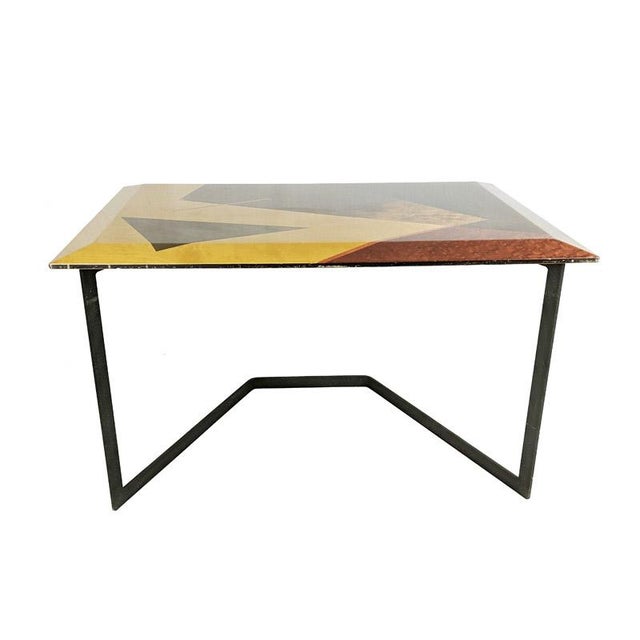 Saporiti Italia Wooden Table with Geometric Inlays and Metal Base by Offredi for Saporiti, 1980s For Sale - Image 4 of 14
