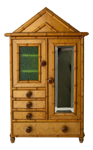 French Elm Burl and Beveled Mirror Doll Wardrobe, 1900