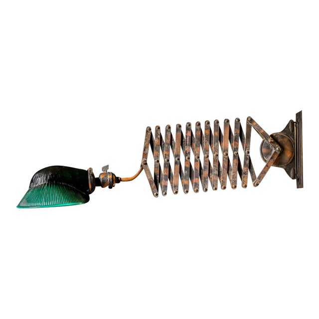 Early 20th Century Japanned Scissor Arm Lamp With Glass Shade For Sale