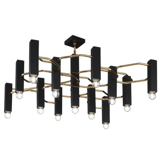 Italian geometric flush mount or chandelier with 13 black square bulb holders interconnected with metal tubes in glossy...