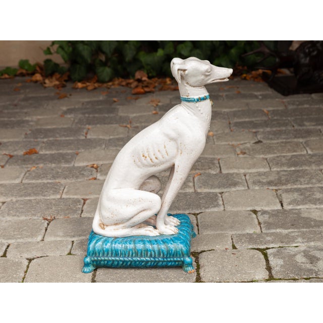 Vintage Italian Midcentury Porcelain Greyhound Dog Sitting on Blue Cushion For Sale - Image 11 of 11