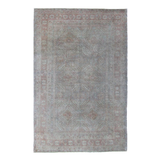 Muted Turkish Rug Antique Oushak With Geometric Design Floating Design For Sale