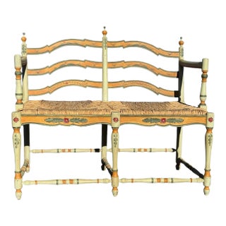 Vintage French Provincial Style Ladder Back Bench Rush Seat Handpainted For Sale