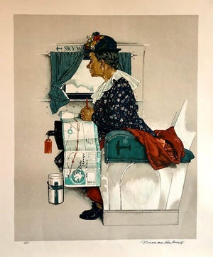 After Norman Rockwell, Original Lithograph Hand Signed Old Women Riding First Airplane Flight Americana, 1976