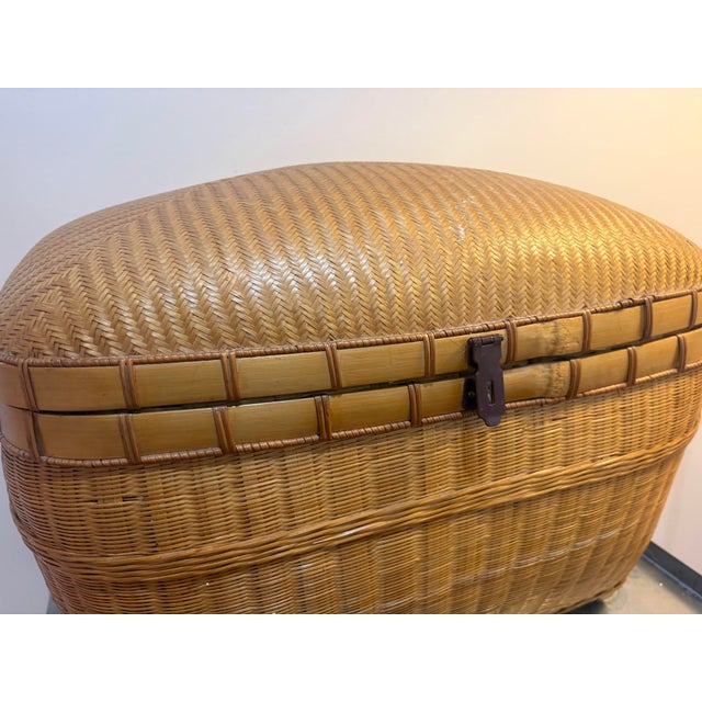 Boho Chic Asian Herringbone-Weave Rattan & Bamboo Storage Chest For Sale - Image 3 of 6