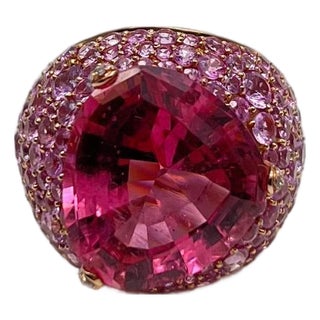 Pink Tourmaline Rubellite Pink Sapphire Diamond Pave 18k Rose Gold Unique Ring, Size 7 For Sale