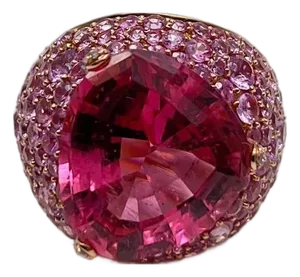 Pink Tourmaline Rubellite Pink Sapphire Diamond Pave 18k Rose Gold Unique Ring, Size 7
