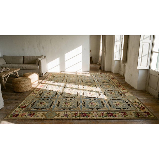 Sky Blue Beautiful Sky Blue Color With Delicate Florid Design Antique Needlepoint Rug For Sale - Image 8 of 8
