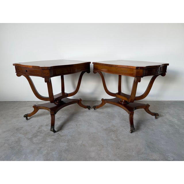 Hollywood Regency Vintage Eclectic Mahogany Curule-Base Side Tables With Brass Inlay – Pair For Sale - Image 3 of 18