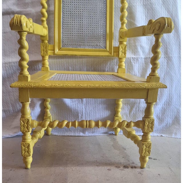 Antique Victorian Renaissance Revival Carved Wood Cane Armchair in Yellow For Sale - Image 10 of 10