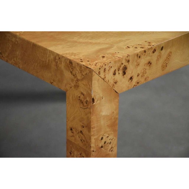1970s Refinished Milo Baughman Square to Rectangle 40” - 79” Parsons Burl Dining Table For Sale - Image 5 of 11
