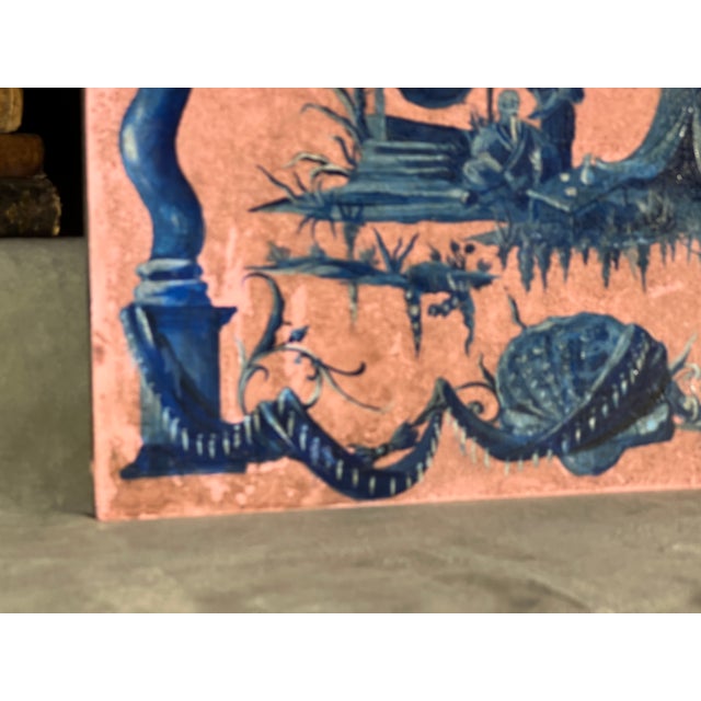 Mid 20th Century French Chinoiserie Chic Style Blue on Pink Whimsical Oil on Wood Panel Painting For Sale - Image 5 of 12