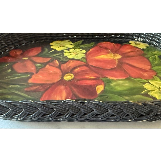 Wood Vintage Oval Wicker Serving Tray With Hand Painted Floral Design For Sale - Image 7 of 9